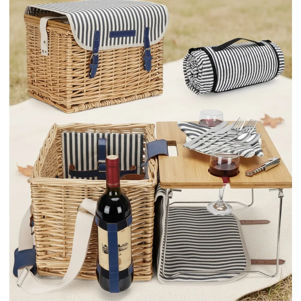 

Large Wicker Picnic Basket Set for 2 Persons with Bamboo Wine Table, Outdoor Camping & Party Essentials