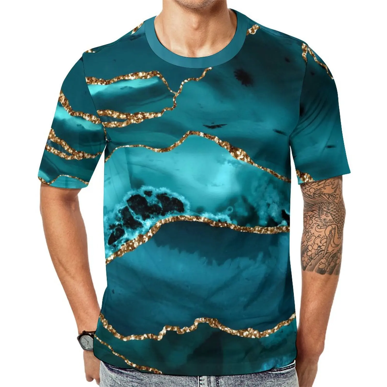 Blue And Gold Marble T-Shirt For Men Abstract Print O Neck T-Shirts Summer Harajuku  Clothing Short Sleeve Basic Oversized Tees
