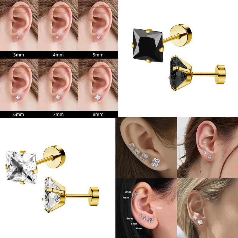 Damen-Ohrringe aus vergoldetem Stahl mit quadratischen Zirkonen, einfache Ohrstecker, modisches Schmuckzubehör – Detail 1