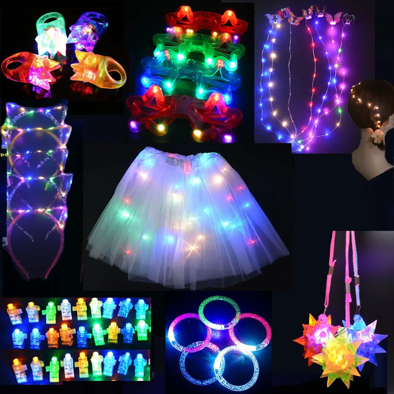 59pcs LED Light Flash Ring Bracelet Glasses Skirt Cat Headband  Girl Birthday Party Favor Toy Gift Set Pack Christmas Halloween