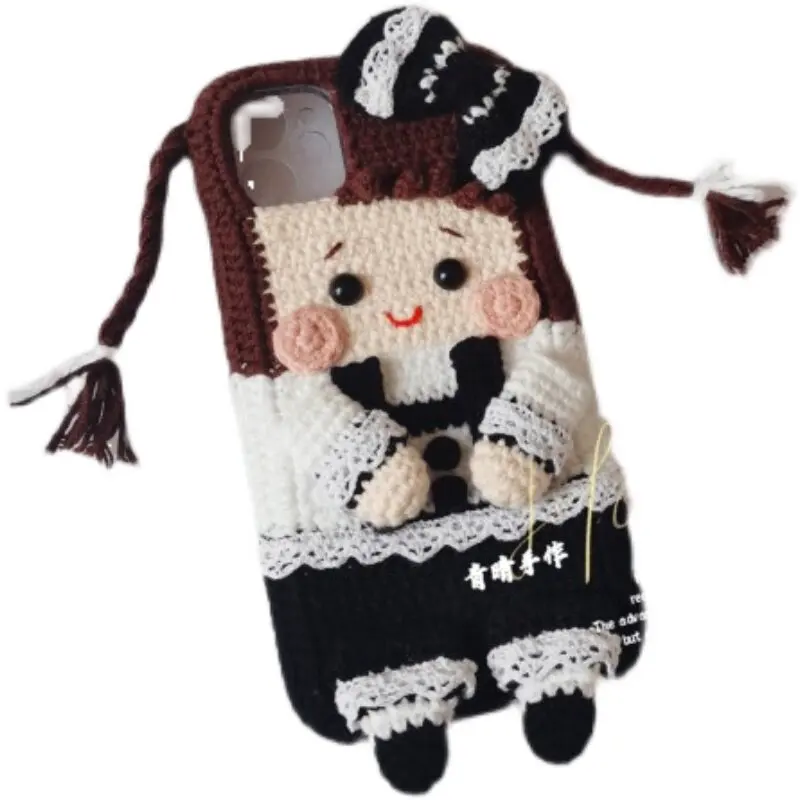 4036 Handmade Crochet Doll Original Design Bow Girl Phone Case Knitted Protective Sleeve with iPhone Xiaomi Samsung Huawei
