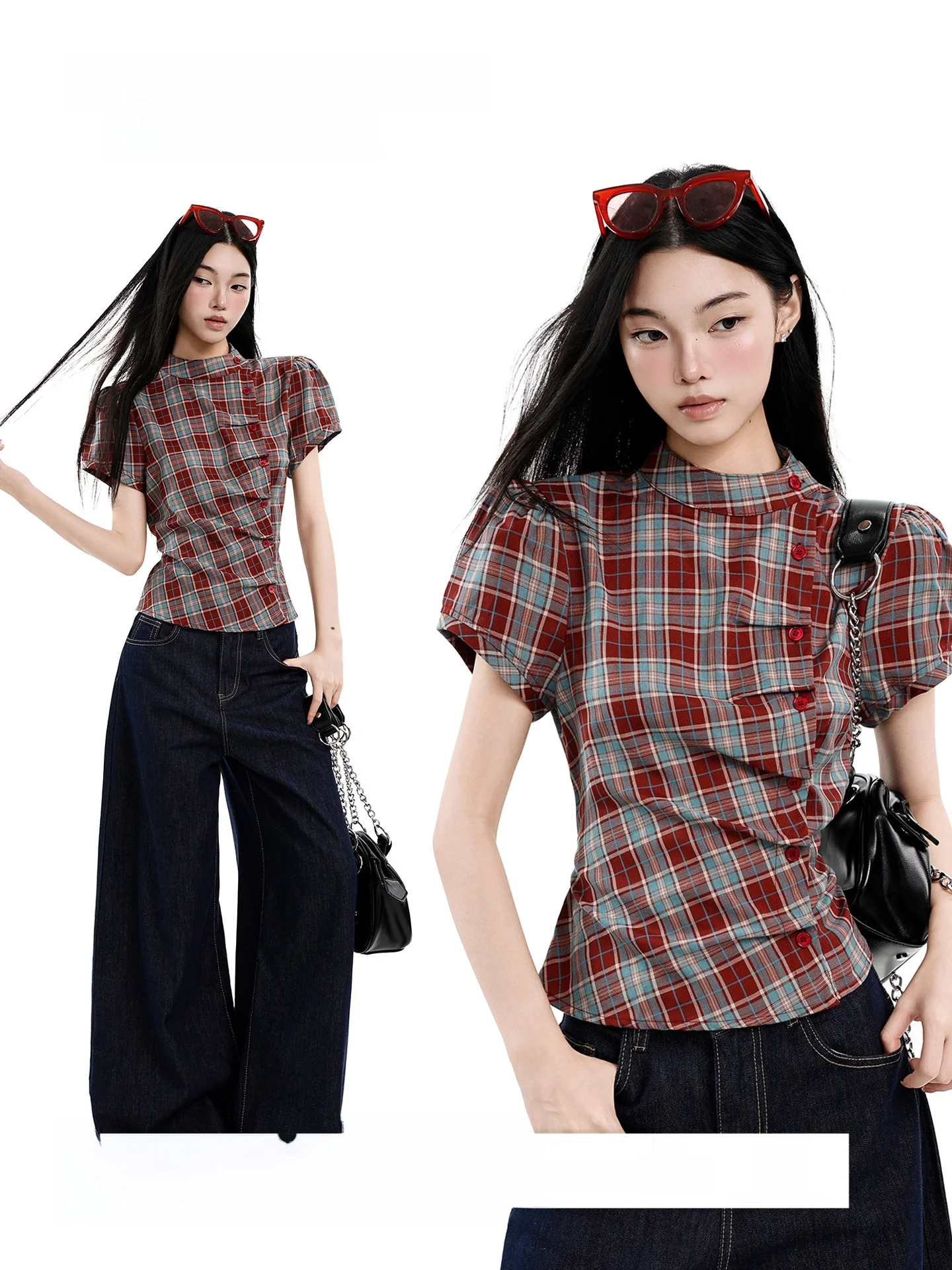 

UNCMHISEX Американская ретро-рубашка в клетку, приталенная, с коротким рукавом, женская летняя, с эффектом утяжки талии, повседневный стиль, дышащая, легкая.