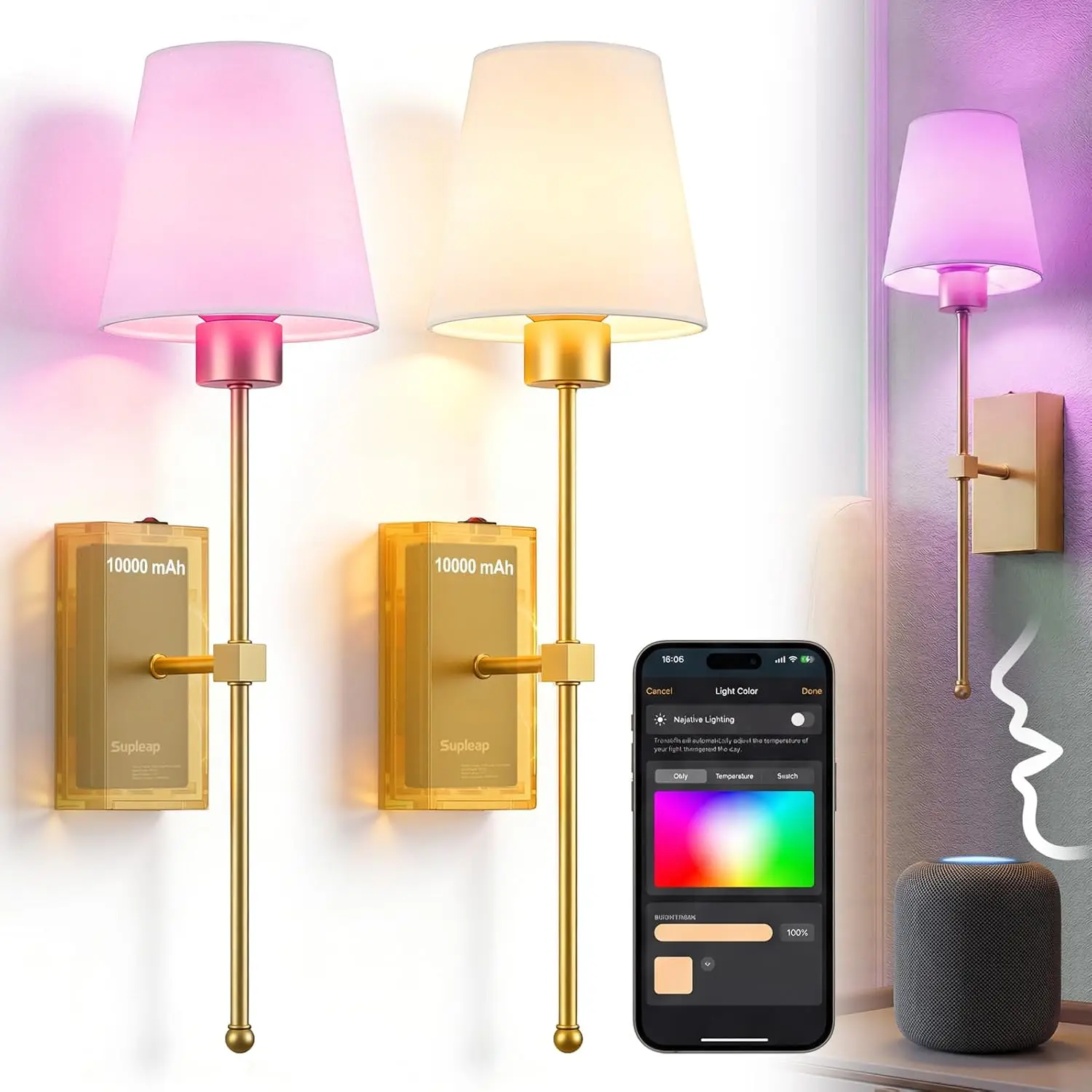 

Smart Rechargeable Wall Sconces Set of 2, Wireless LED Lights with 66H Battery, RGB Dimmable, Works with Alexa & Google