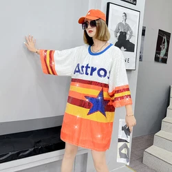 New Autumn Patchwork Color Sequins Geometry Letter Women's T-Shirt Streetwear Female Short Sleeve Summer Hip Hop Night Club Tops