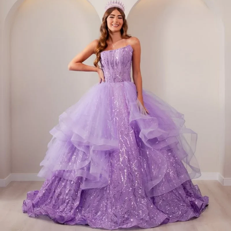 

Блестящие фиолетовые платья Quinceanera по индивидуальному заказу с открытыми плечами, блестящая аппликация, кружевное многослойное платье с длинным хвостом, Vestido 15, Quinceanera