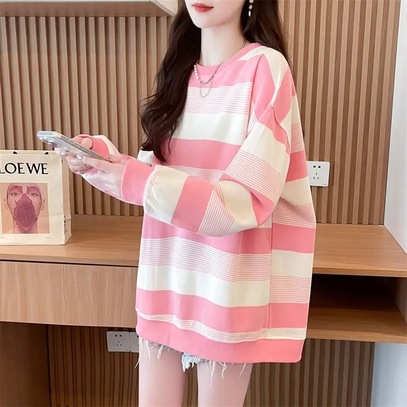 Striped Hoodie Women's Mid Length Plus Size Loose New Design Versatile Flesh Blocking Slimming Long Sleeved Top Trendy