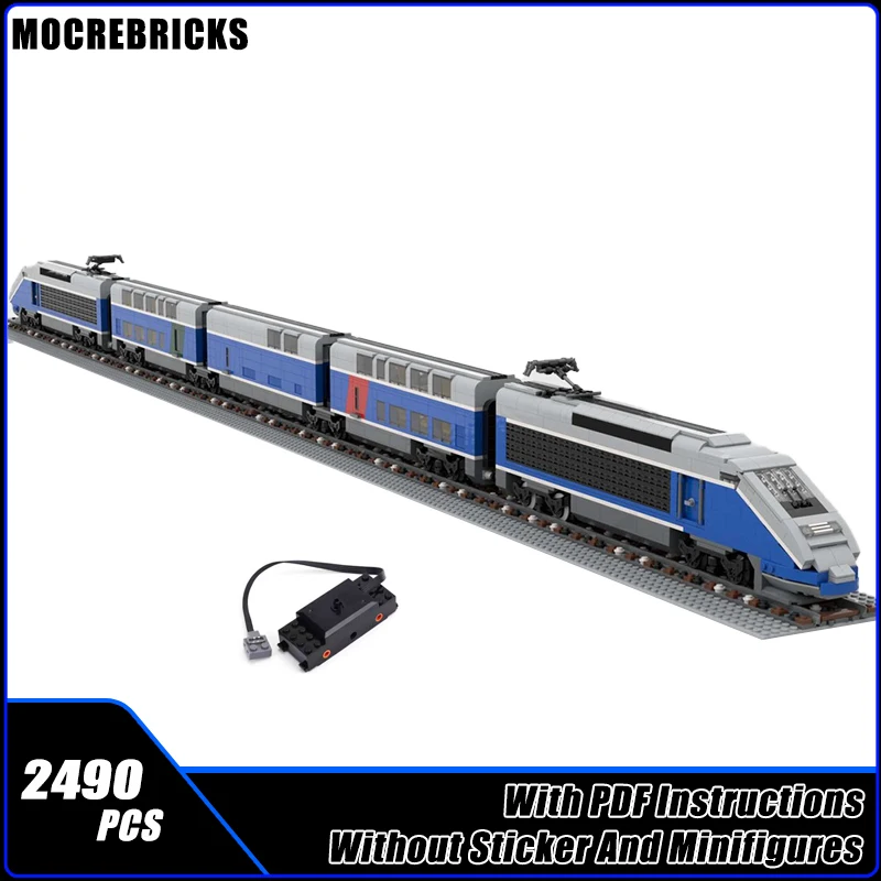 Locomotiva ferroviária de alta velocidade, trem plano duplo francês, grande velocidade, moc, blocos de construção, modelo de montagem, brinquedo de tijolos técnicos diy