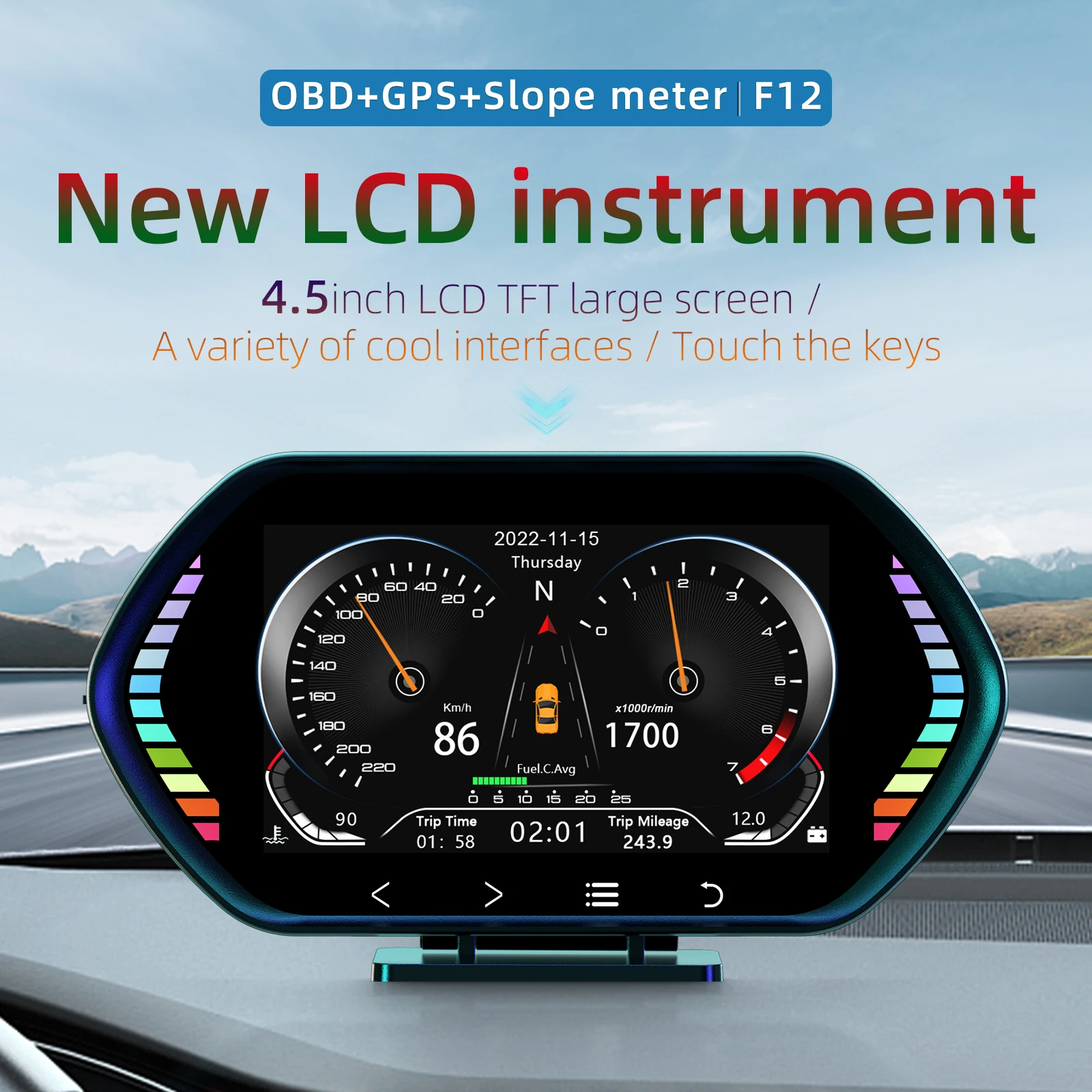Colorful Ambient Light 4.5inch F12 Car HUD Digital Speedometer GPS OBD2 Gauge Head up Display with Slope Meter & Water Temp etc.