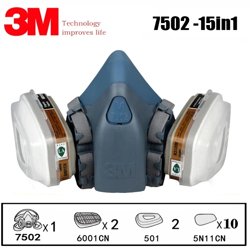 

3M 7502 Respirator Mask 15 in 1 Suit Industry Painting Spray Dust Gas Mask With 3M 501 5N11 6001CN Chemcial Half face Mask