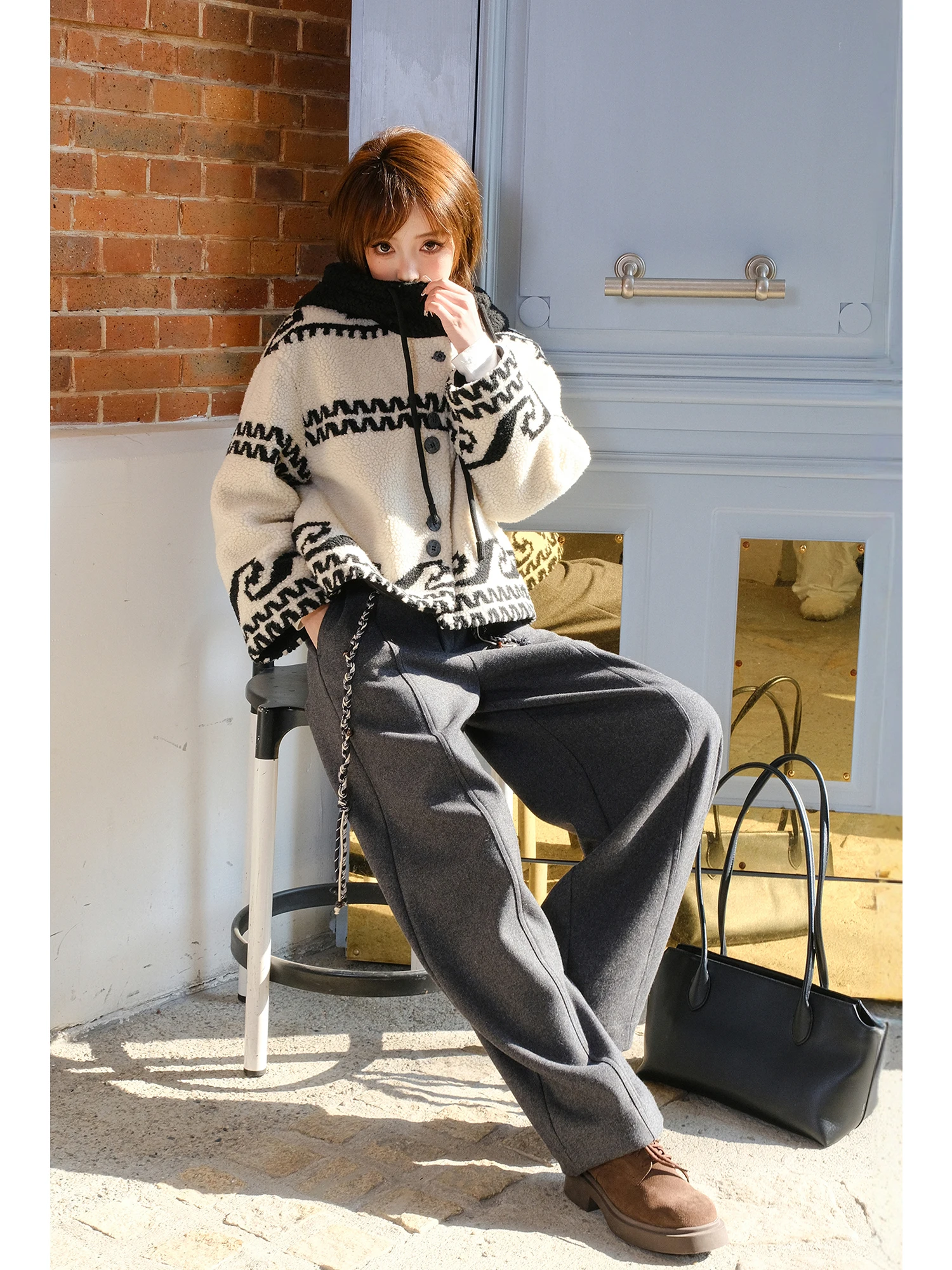 

MIUCO Nordic Sle Hooded Du down Jaet Casual Warm Straight Cut ort Coat Geometric Pattern Women's Winter Outerwear