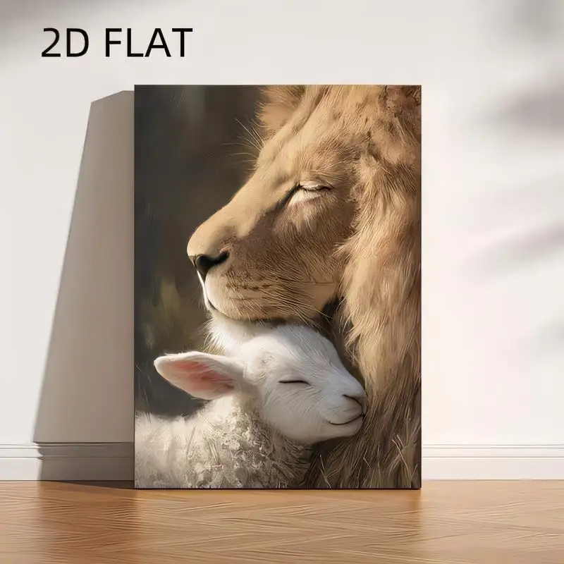 Lion & Lamb Warm Embrace Metal Tin Painting - Iron Wall Art, Heartwarming Design, Perfect for Home/Nursery/Living Room Decor | A