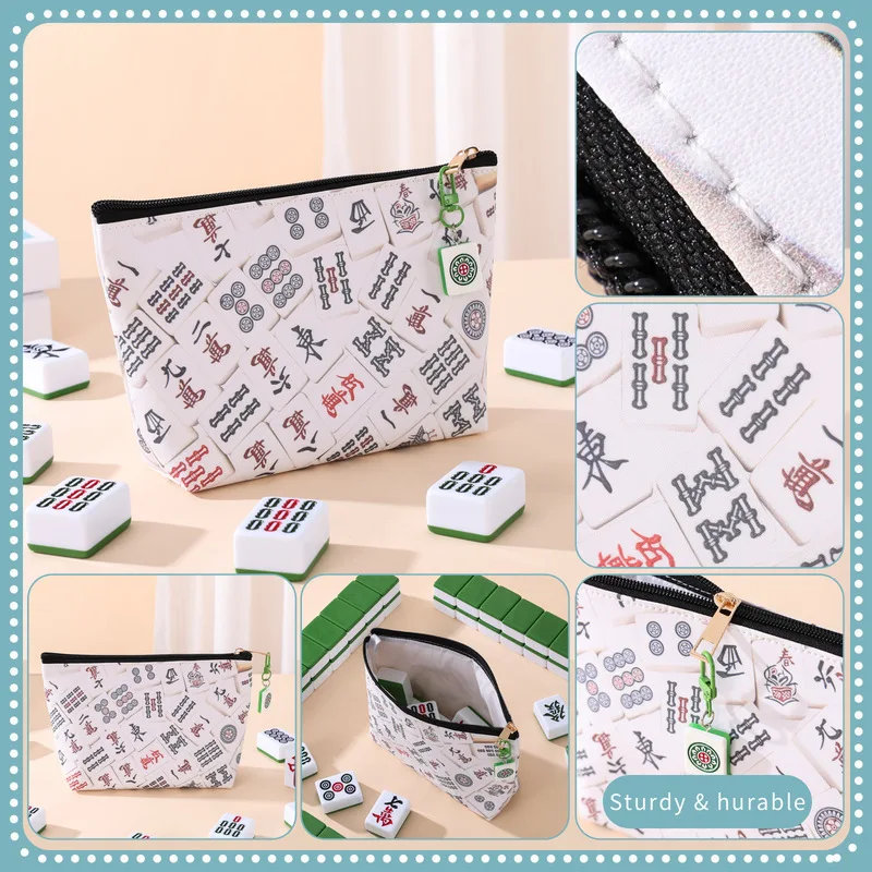 Mahjong-themed zippered makeup storage bag，Portable and ultra-lightweight，Personalized Print
