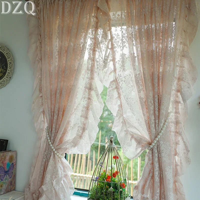 

Idyllic Light Pink Lace Window Tulle Curtain Living Room Warp Ruffled Rural Gauze Door Curtain for Kitchen Bedroom #A215