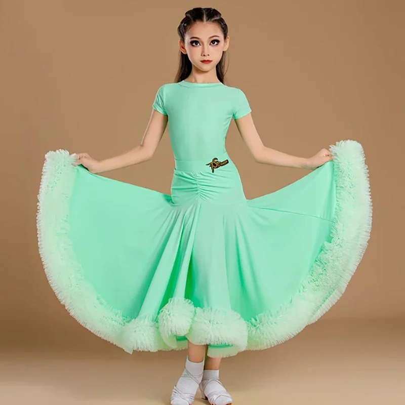 

Kids Girls Waltz National Standard Performance Costume Bodysuit and Cake Big Skirt Hem Skirts Three Piece Set Latin Competition