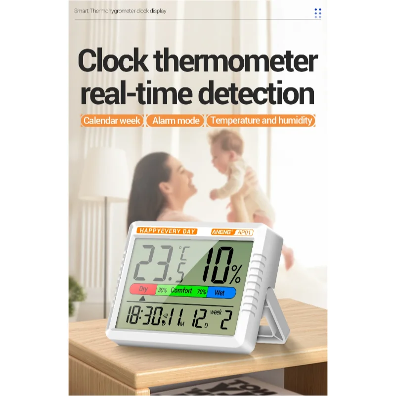 Digital Thermohygrometer Clock ANENG AP01 Snooze Alarm Mode Air Thermometer Humidity Multi-scenario High Precision Tester Tools