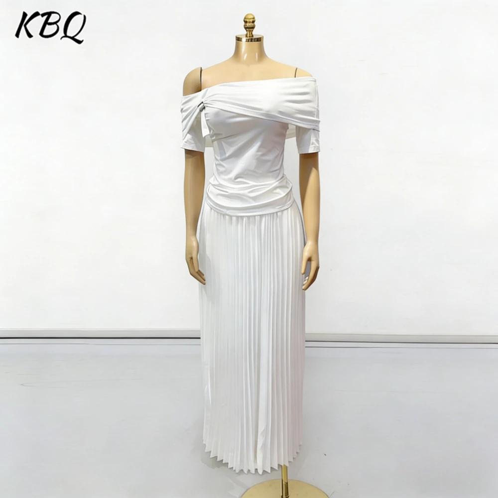 

KBQ White Spliced Folds Two Piece Set Female Slash Neck Short Sleeve Top Elegant Minimalist Women's Skirt Sets Summer Fashion
