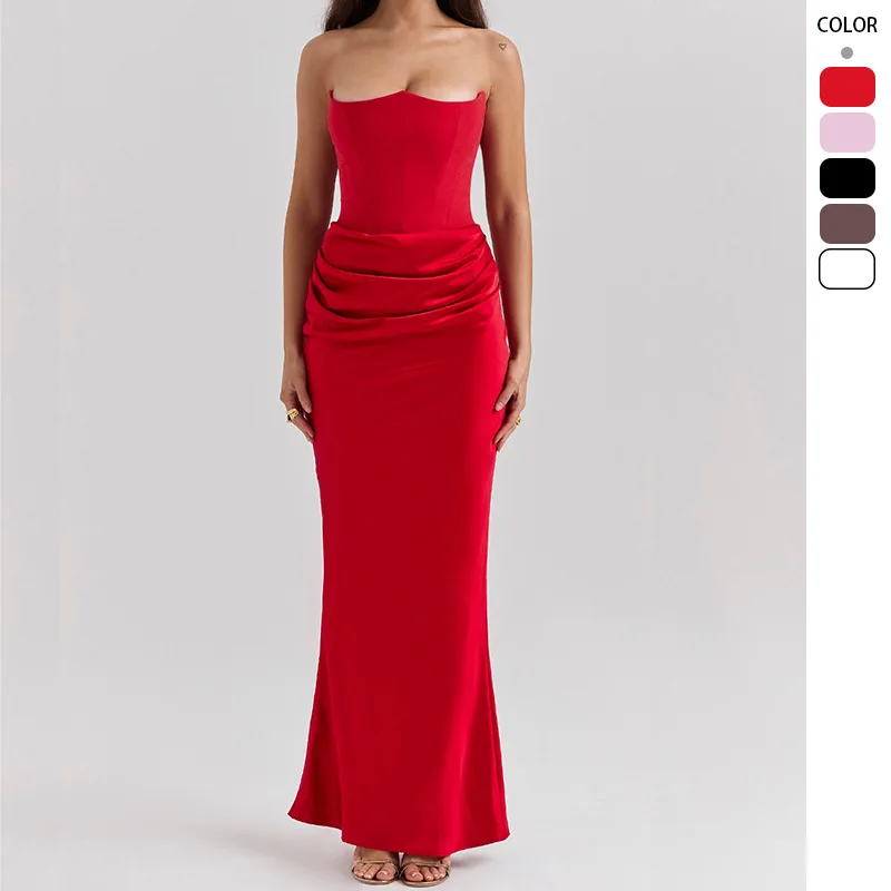 

2025 New Red Strapless Fishbone Sexy Slim-Fit Mermaid Tail Long Length Solid Color Dress for Women