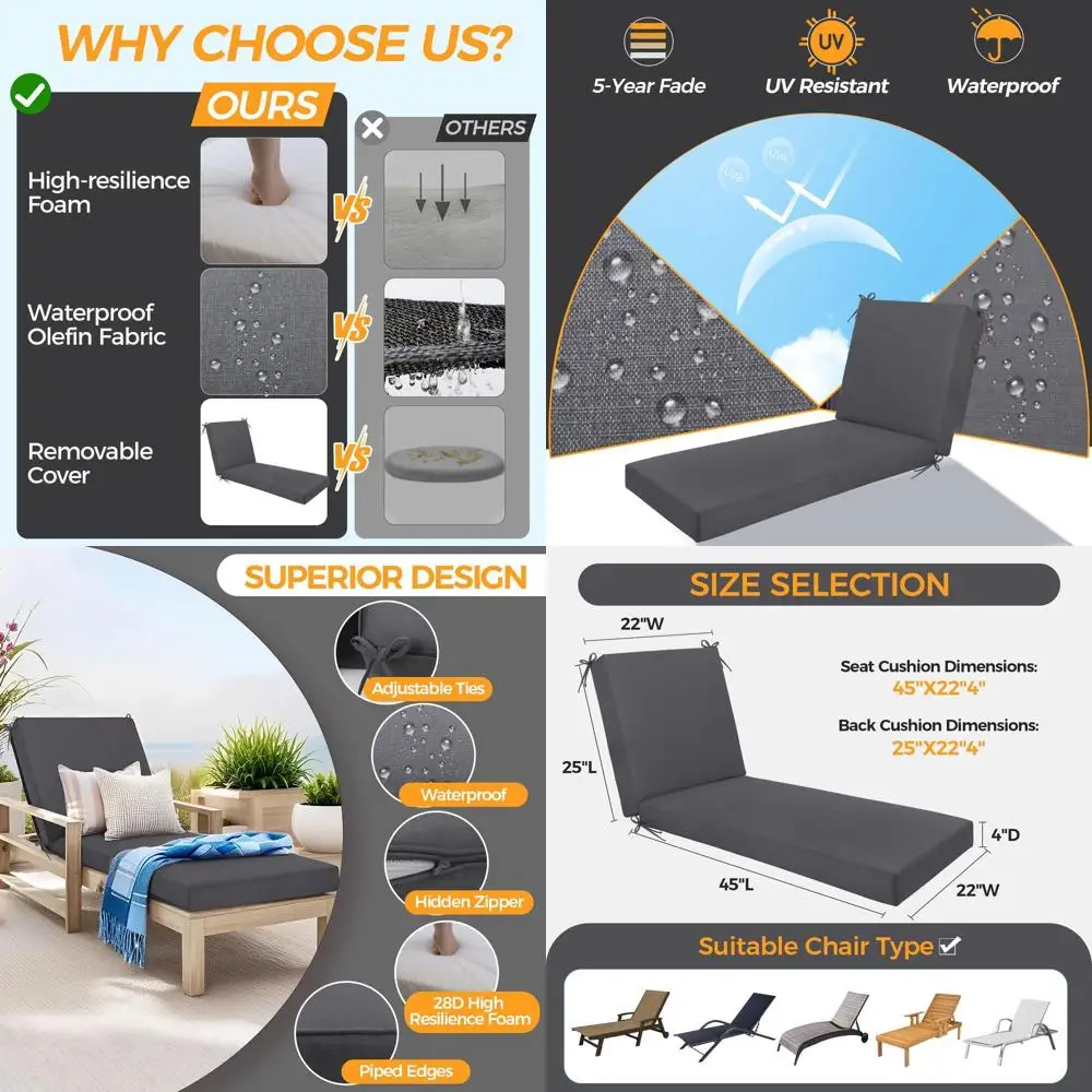 

Waterproof Fade-Resistant Outdoor Chaise Cushion, Removable Cover, 70x22x4 Inches, Dark Gray
