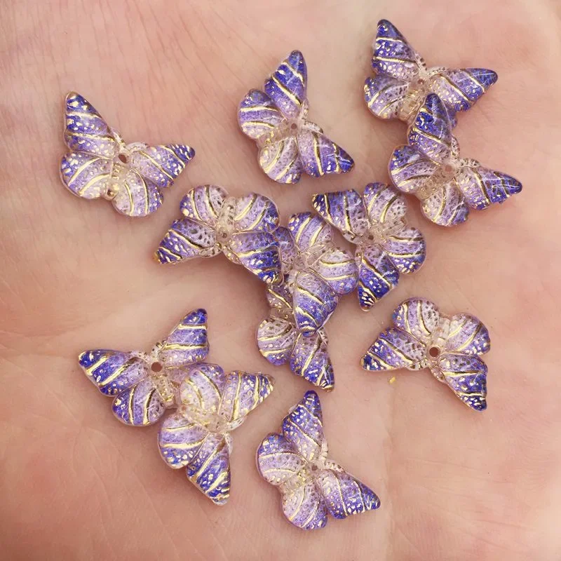 Pretty 40pcs Resin Colorful Crystal Butterfly Flat Back Rhinestone Scrapbook DIY Wedding Appliques 1 Hole Ornament Craft G41