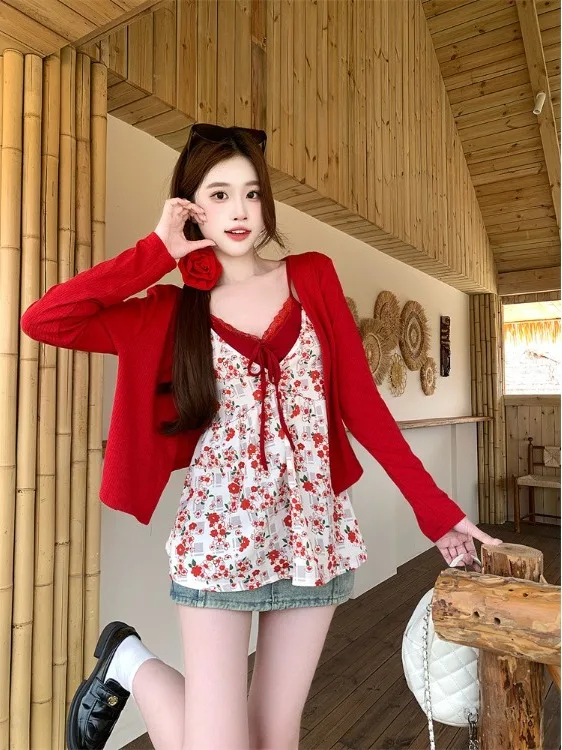 

plus Size Women's Pure Desire Lace Floral Strap Long Sleeve Summer New Style Set Red Open Cardigan Top Women's Fashion Outfit