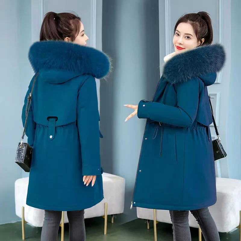 Parka solta de lã feminina com capuz, extragrande, grossa, quente, acolchoada, longa, Parkas de neve, casaco feminino, fêmea, 6XL, Novo, Inverno,