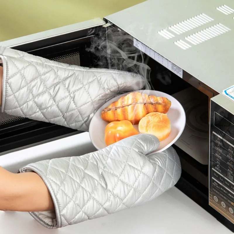 

Heat Resistant Long Cotton Oven Mitts Thickened Insulated Kitchen Microwave Mittens Angled Cuff Cotton Lining