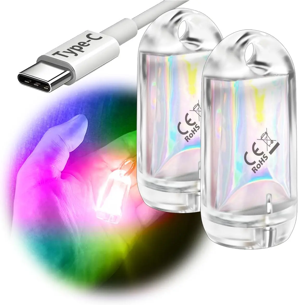 

2-Pack Mini LED Keychain Flashlight, Type-C Rechargeable, 7-Color Auto Flash for Camping