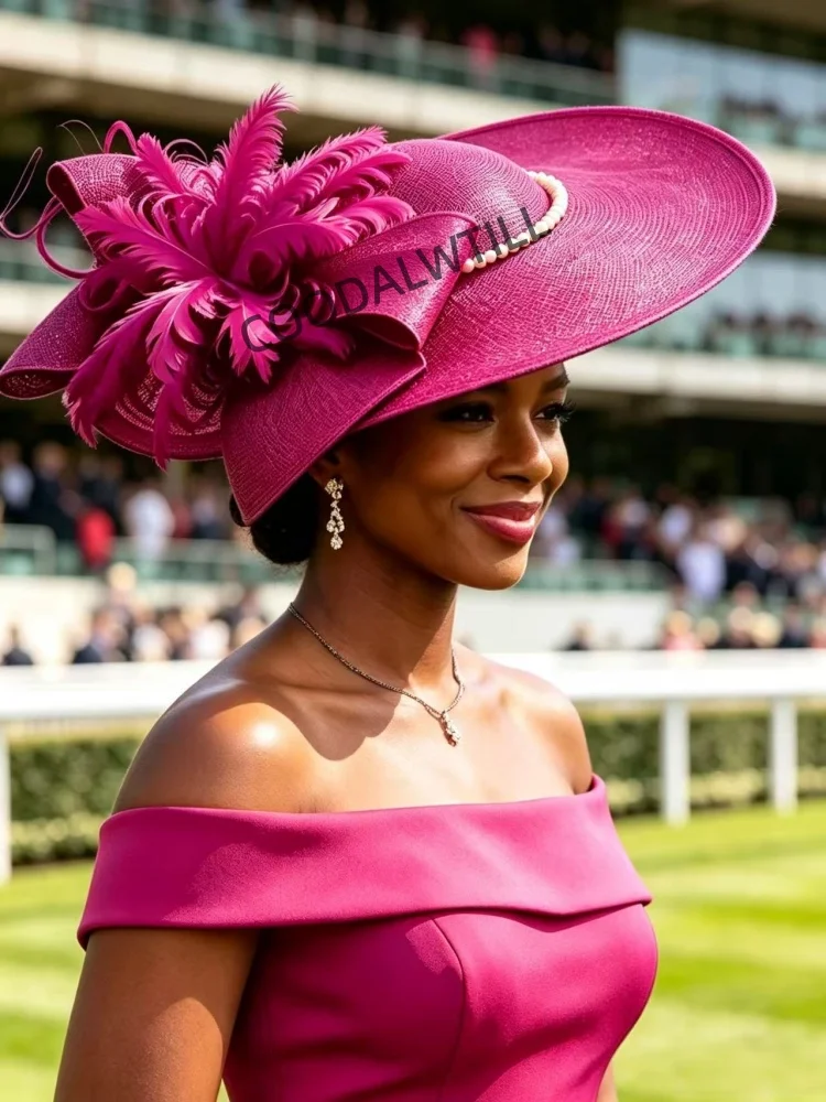 Hot Pink Large Fascinator Hat Women Feather Pearl Decor Royal Ascot Horse Race Derby Wedding Church Cocktail Party Millinery