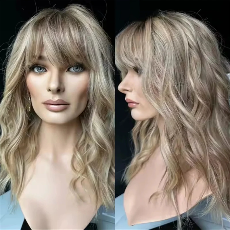 

Party Cosplay Wigs Ombre Ash Blonde Natural Wave Synthetic Lace Front Wig with Bangs Preplucked Hairline with Baby Hair Wave Bob
