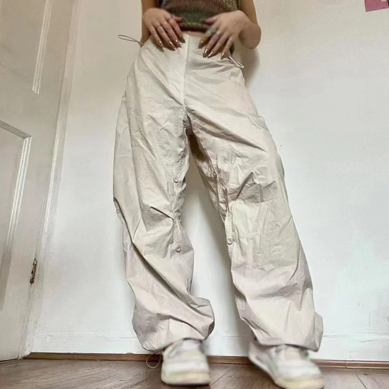 

Women Y2K Cargo Pants Solid Low Waist Sweatpants Drawstring Wide Leg Baggy Trousers 2023 Summer Streetwear Punk Casual Tech Pant