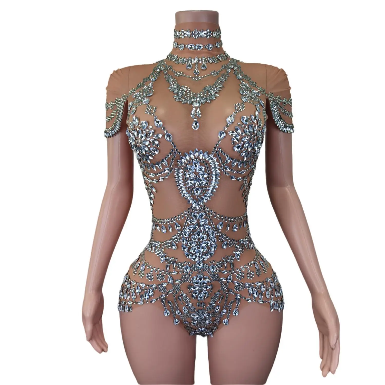 Sexy Bühne funkelnden Strass Body suits Luxus Frauen ein Stück Stretch schiere Mesh Short Dance Drag Queen Kostüm Wuniang