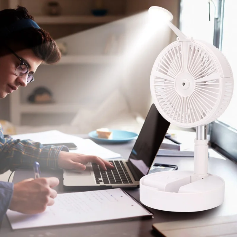 Folding Telescopic Portable Desktop Fan Atomizing Hydrating LED Fan USB Charging For Use