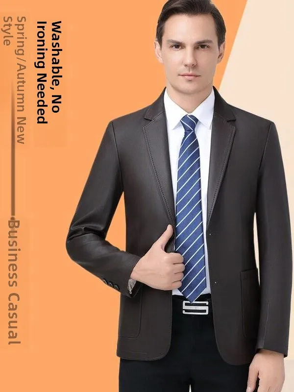 

Мужская повседневная тонкая кожаная куртка из натуральной кожи Haining с отложным воротником, весна-осень, для мужчин среднего возраста, на каждый день