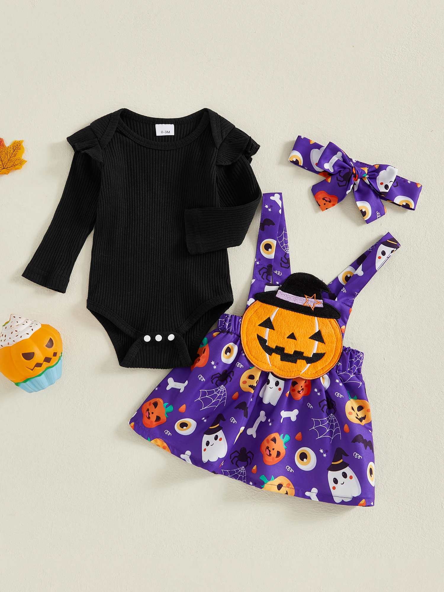 

Adorable Baby Girls Halloween Outfit with Cute Ghost and Pumpkin Print Includes Romper Skirt and Headband for a Spooky Look