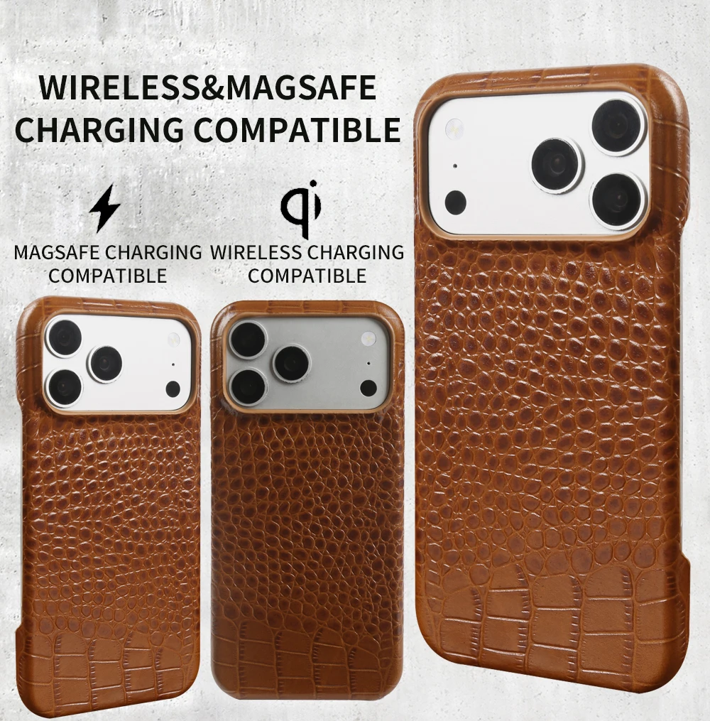 Genuine Leather Magnetic Wireless Case Crocodile Pattern For iPhone 17 Pro max Air 16 15 14 13 12 11 charging Protective Cover - view 4