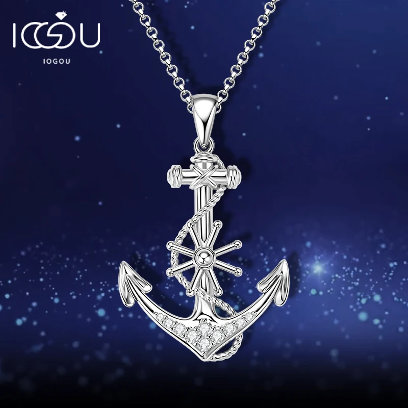 

IOGOU D0.22CT Round All Moissanite Diamond Anchor Pendant Necklace for Women Girls Unique Real Silver 925 Birthday Party Gift