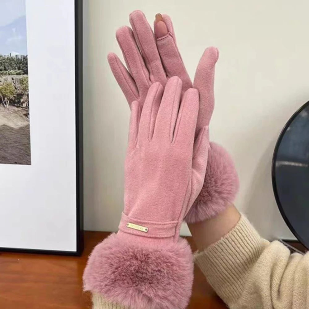Women's Winter Warm Velvet Gloves Plush Wrist Suede Gloves Split Finger Gloves Windproof and Cold Proof Touchscreen Thick Gloves