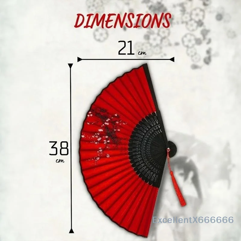Chinese Red Plum Blossom Print Bamboo Folding Hand Fan Portable Handheld Fan with Tassel for Summer Cooling
