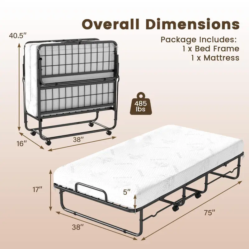 Folding Bed With 5 Inch Memory Foam Mattress, Portable Rollaway Guest Bed With Metal Frame, No Assembly Required, Space Saving Compact Design For Small Apartment, Office Nap And Temporary Sleeping Solution
