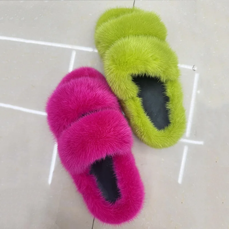 Mink Fur Slippers Shoes for Woman Flat Heels Fur Slides Autumn Winter Open Toe Home Shoes Warm Fluffy Furry Slippers Women