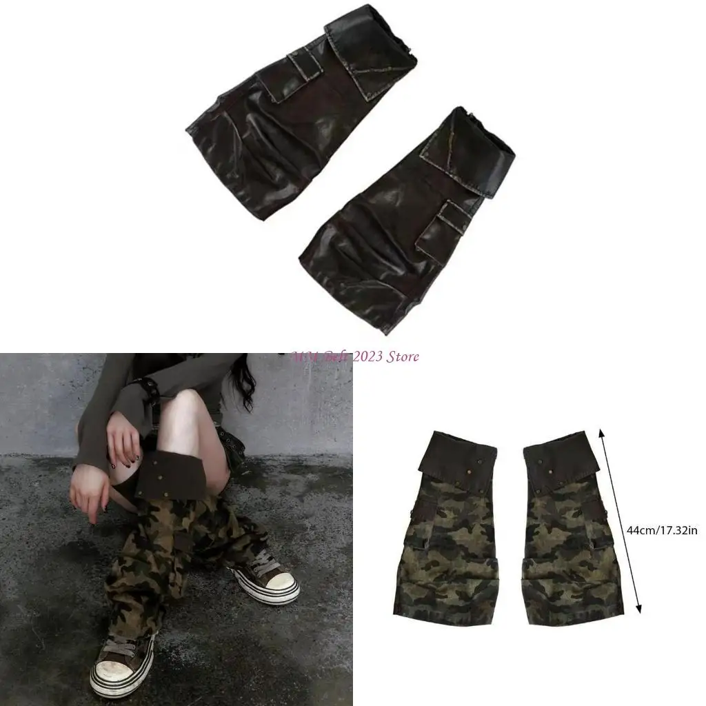

49ME Women Punk Washed Denims Leg Warmer Turn Cuffs Grunge Baggy Flared Foot Covers