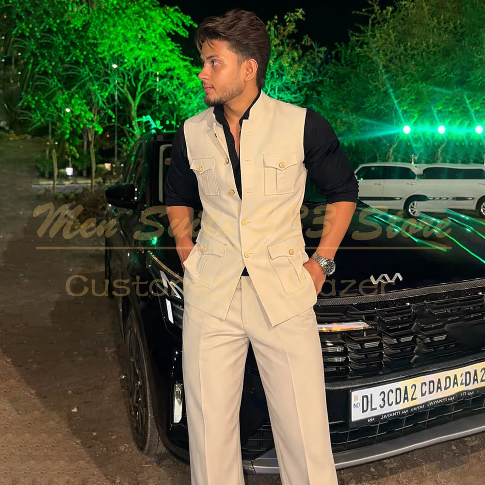 

Daily Nehru Men's Suits Safari Regular Fit 2 Piece Jacket Pants Sets Fashion Stylish Sleeveless Male Clothing