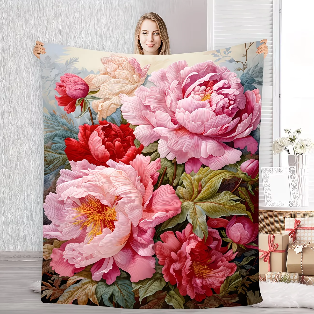 Une magnifique et élégante couverture en flanelle à motifs de pivoines, mettant en valeur la splendeur des motifs floraux de la nature et des motifs des mois à venir.