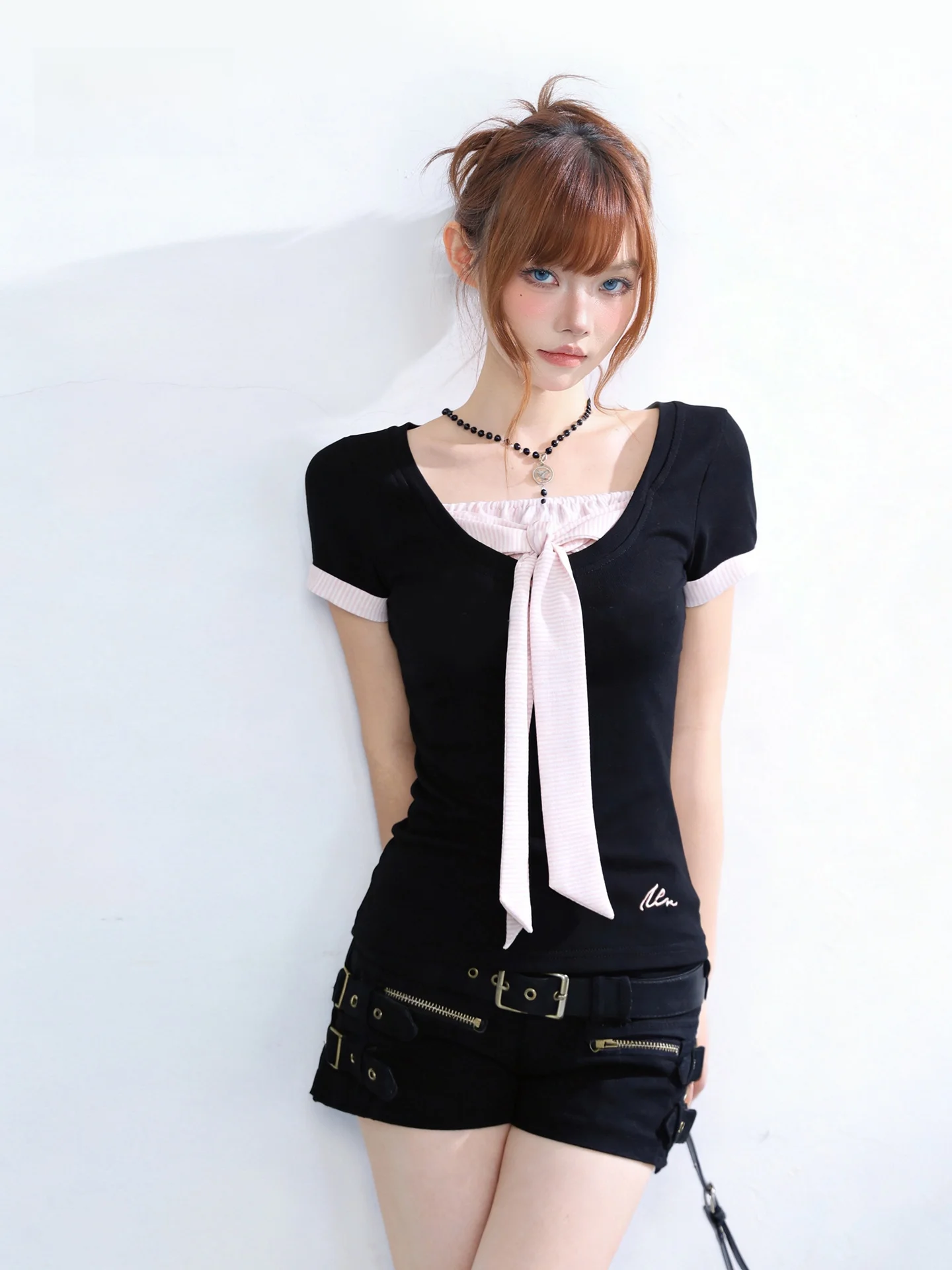 

Sweet And Spicy Style Women's Short Sleeve T-Shirt Bodycon Color Block Design Knot Summer Top Cotton Polyester Blend