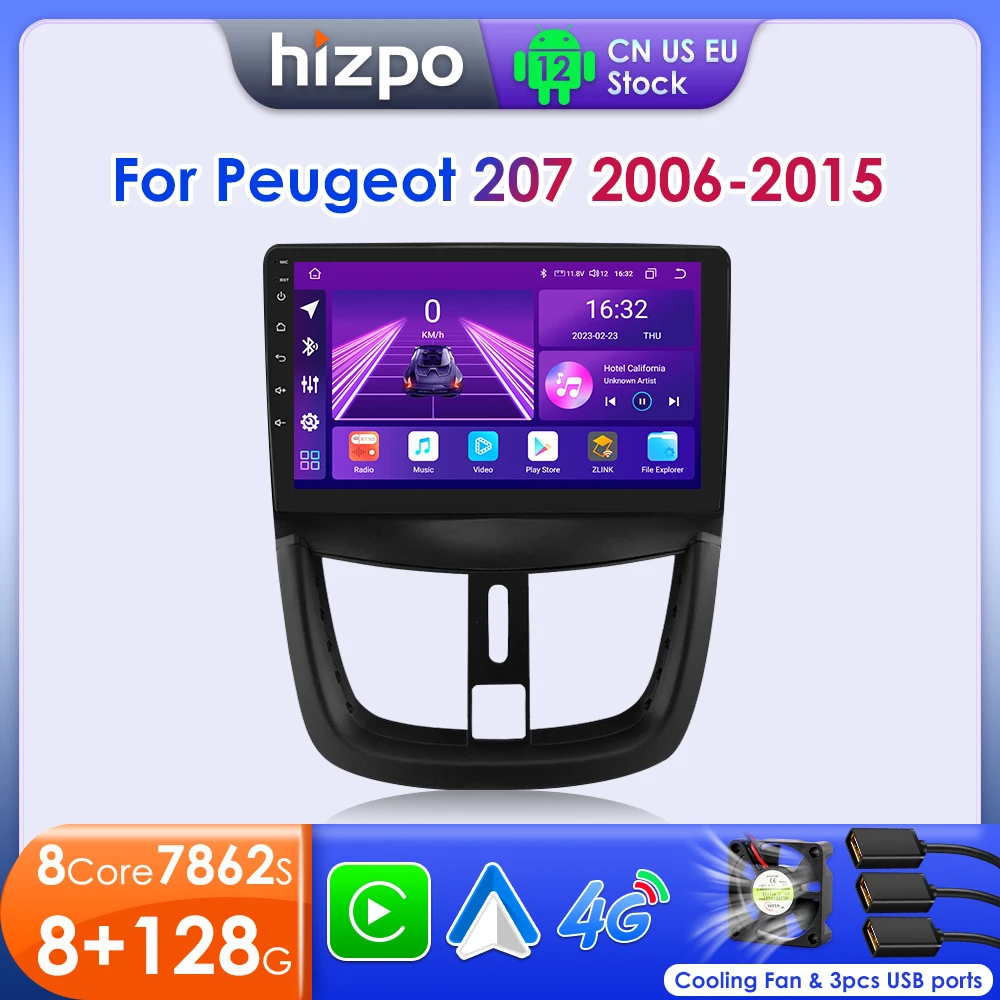 Hizpo 2 Din Android 12 For PEUGEOT 207 207CC 2006-2015 Car Radio Multimedia Video Player Navigation Autoradio CarPlay Stereo RDS