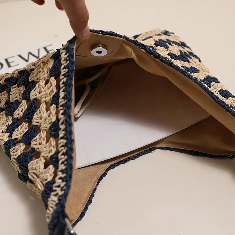 Tote Handbag Straw Bag Openwork Flower Large Triangle Color Blocking Knitted Bag Beach Vacation Bag, Shoulder Bag