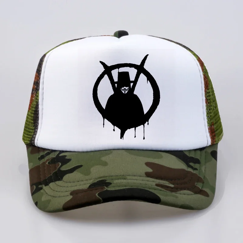 V for vendetta หมวกเบสบอลแฟชั่นฤดูร้อนตาข่ายรถบรรทุกหมวกลําลองหมวกกันแดดแบบปรับได้