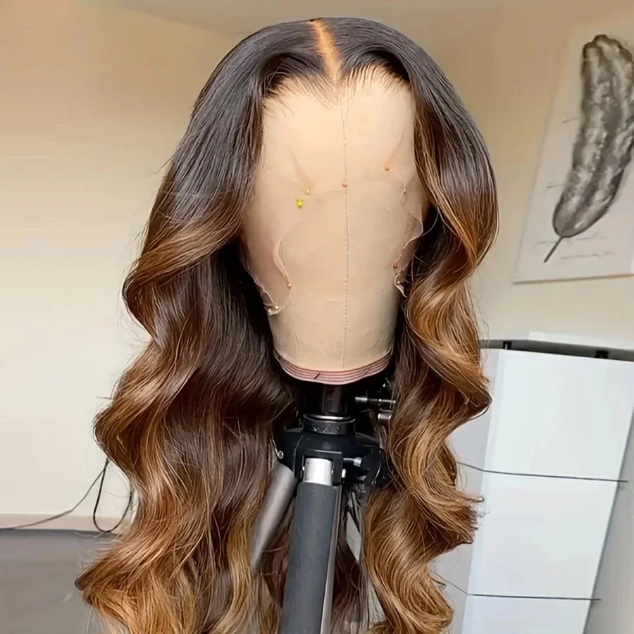 Brown Highlights Long Glueless 28'' Body Wave Wig 13x4 Lace Front Wig Pre Plucked HD Lace Wig Synthetic Fibre Realistic Look Wig
