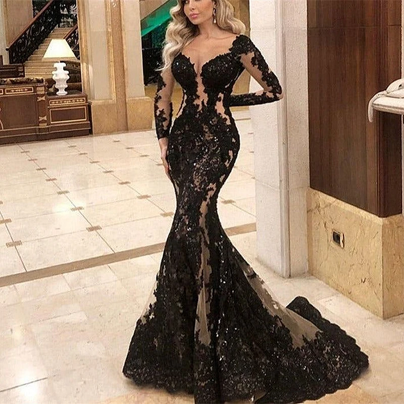 Vestido de novia de sirena de encaje negro gótico para mujer, manga larga, ilusión Sexy, tren de barrido, vestidos de recepción formales, 2024