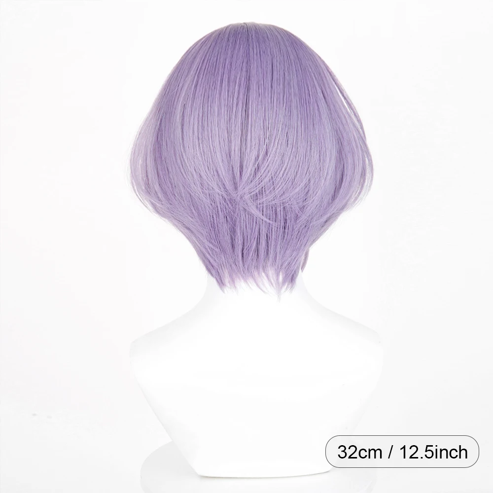 Cosplay Synthetic Wigs Purple Anime Game with Bangs Short Straight Fluffy Heat Resistant Wig for Daily Party